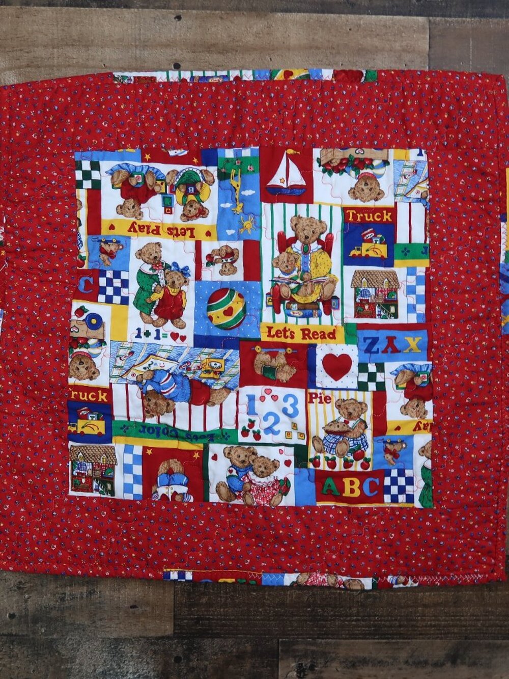 Small Handmade Baby Quilt Red Teddy Bears ABCs 21 x 23" Infant Blanket